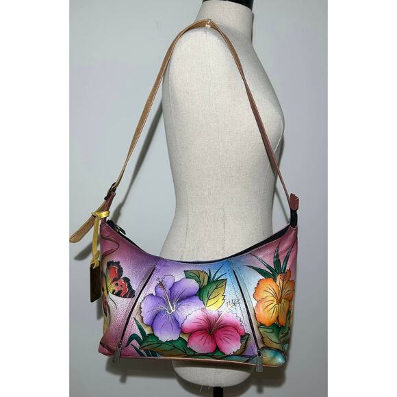 Anuschka Hand Painted Leather Butterflies & Hibiscus U Top Hobo Purse Handbag - Picture 1 of 10
